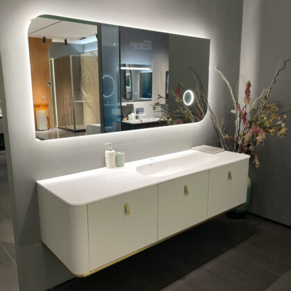 Modern Wall-Mounted Vanity with Asymmetrical Stone Basin & Smart Mirror | Galaxy Home